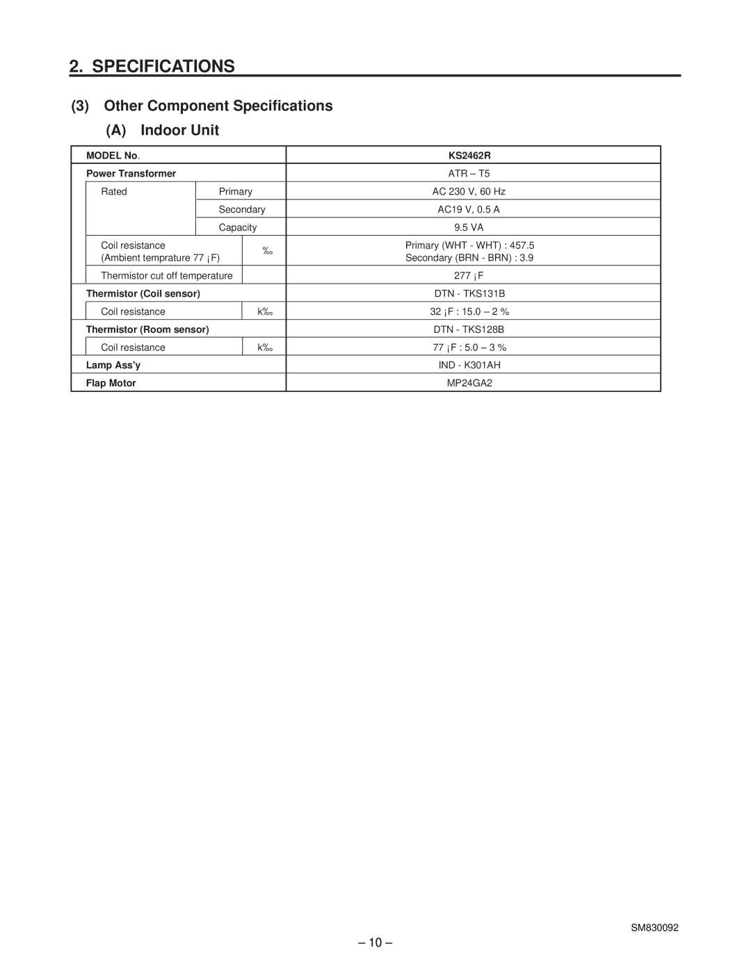 Sanyo C2462R Other Component Specifications Indoor Unit, Model No KS2462R Power Transformer, Thermistor Coil sensor 