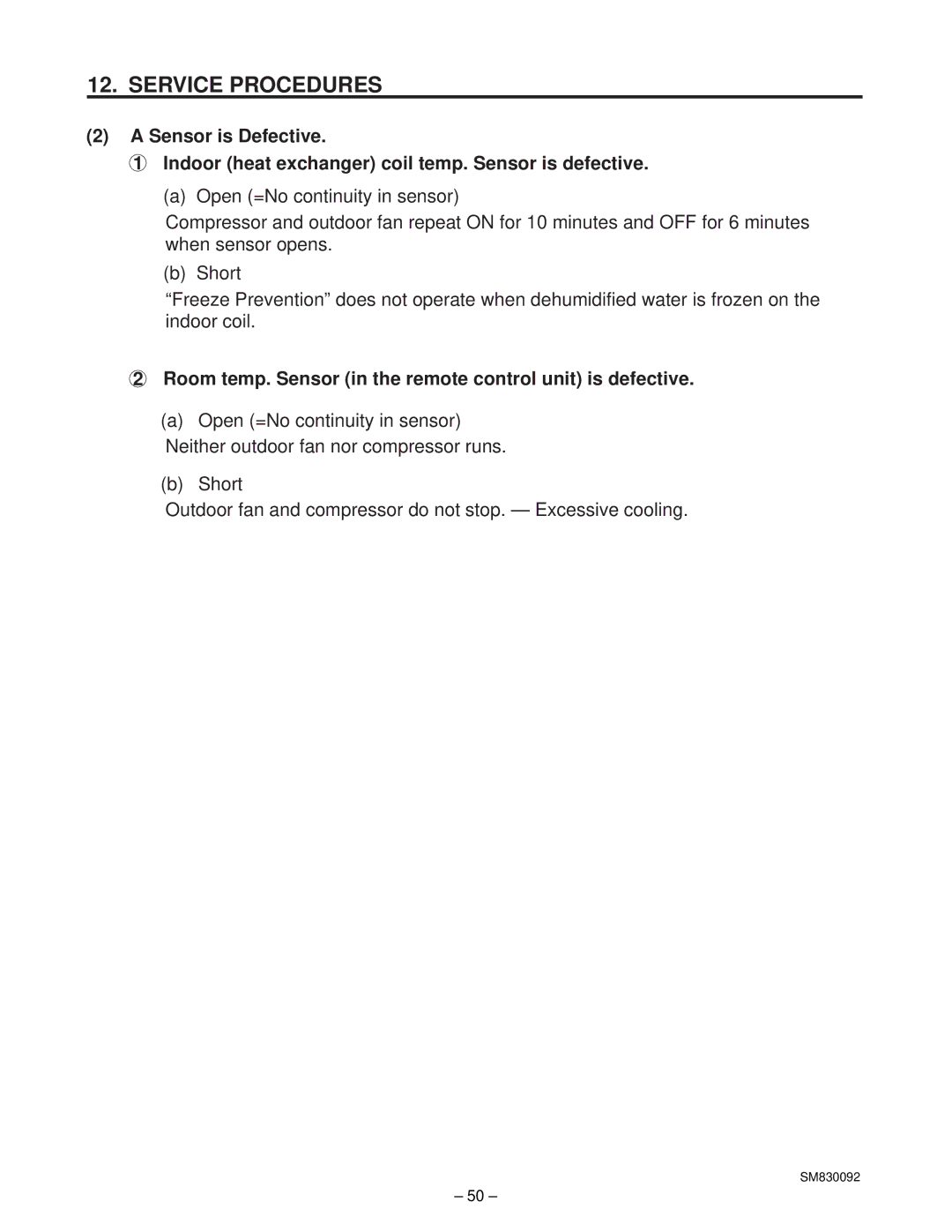 Sanyo C2462R, CL2462R service manual Room temp. Sensor in the remote control unit is defective 