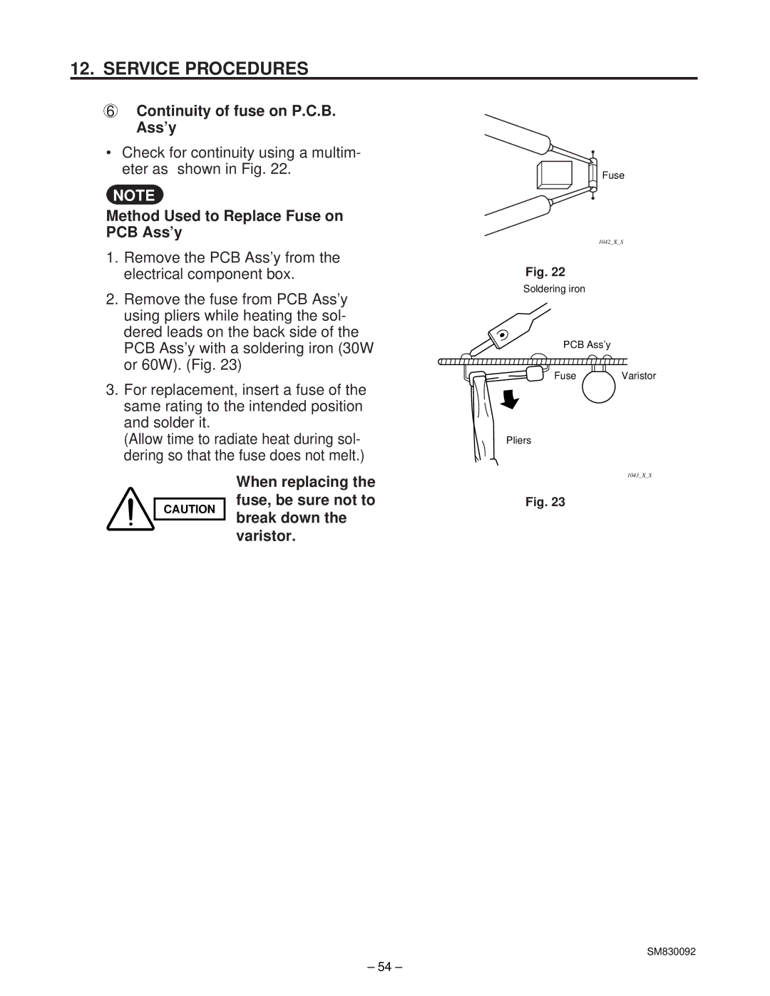 Sanyo C2462R, CL2462R Continuity of fuse on P.C.B. Ass’y, Check for continuity using a multim- eter as shown in Fig 