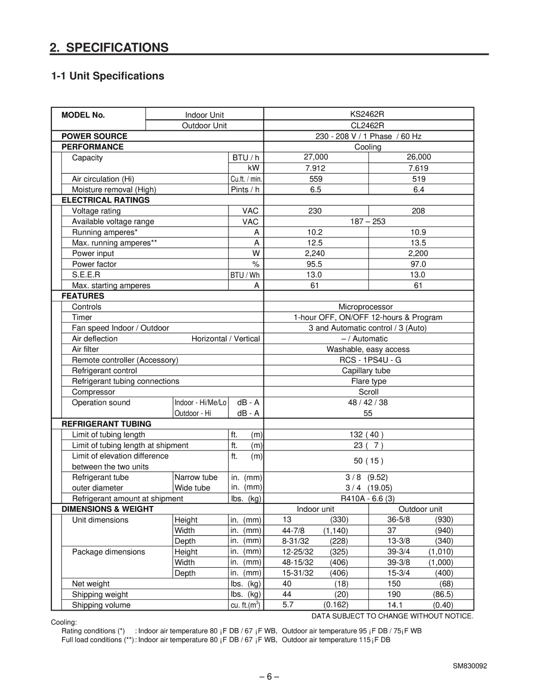 Sanyo C2462R service manual Indoor Unit KS2462R Outdoor Unit CL2462R 