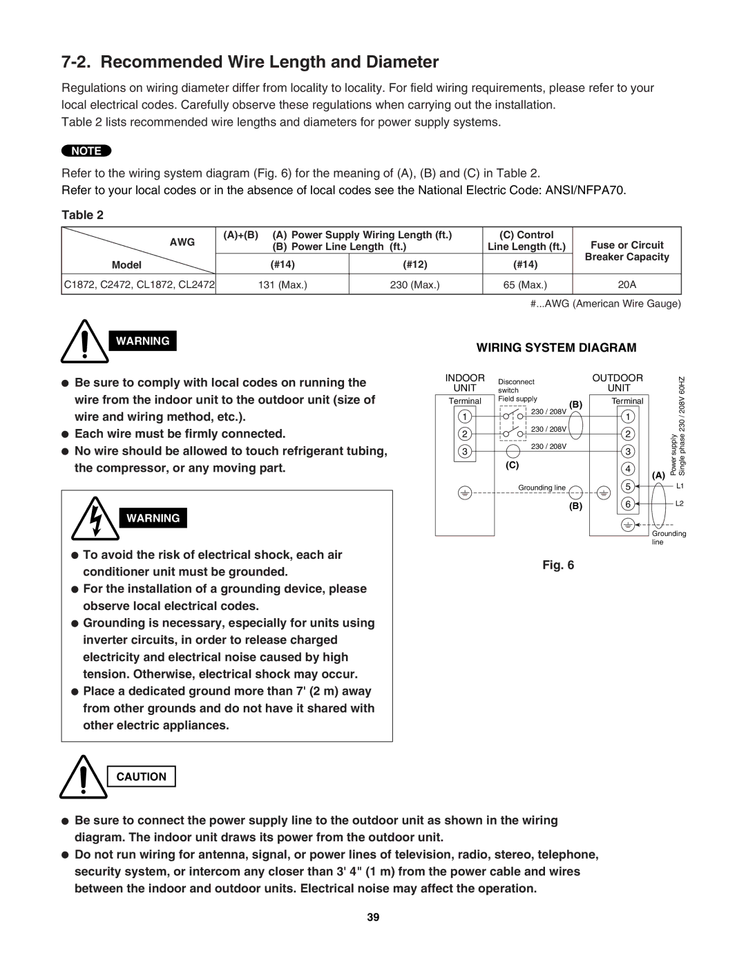 Sanyo CL1872, C2472, C1872, CL2472 service manual Recommended Wire Length and Diameter, Awg 