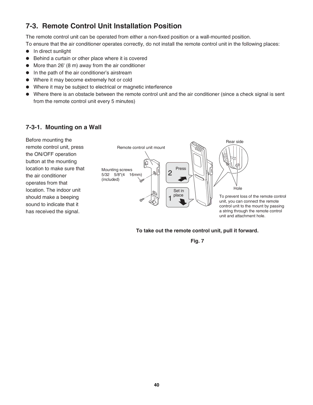 Sanyo C2472, C1872, CL2472 Remote Control Unit Installation Position, To take out the remote control unit, pull it forward 