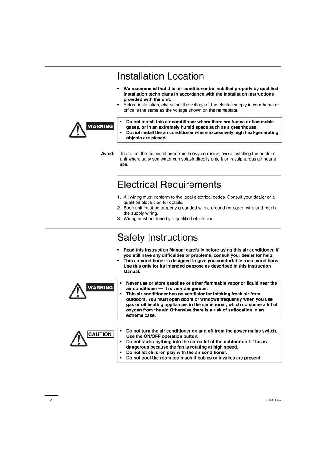 Sanyo CL1872, C2472, C1872, CL2472 service manual Installation Location, Electrical Requirements, Safety Instructions 