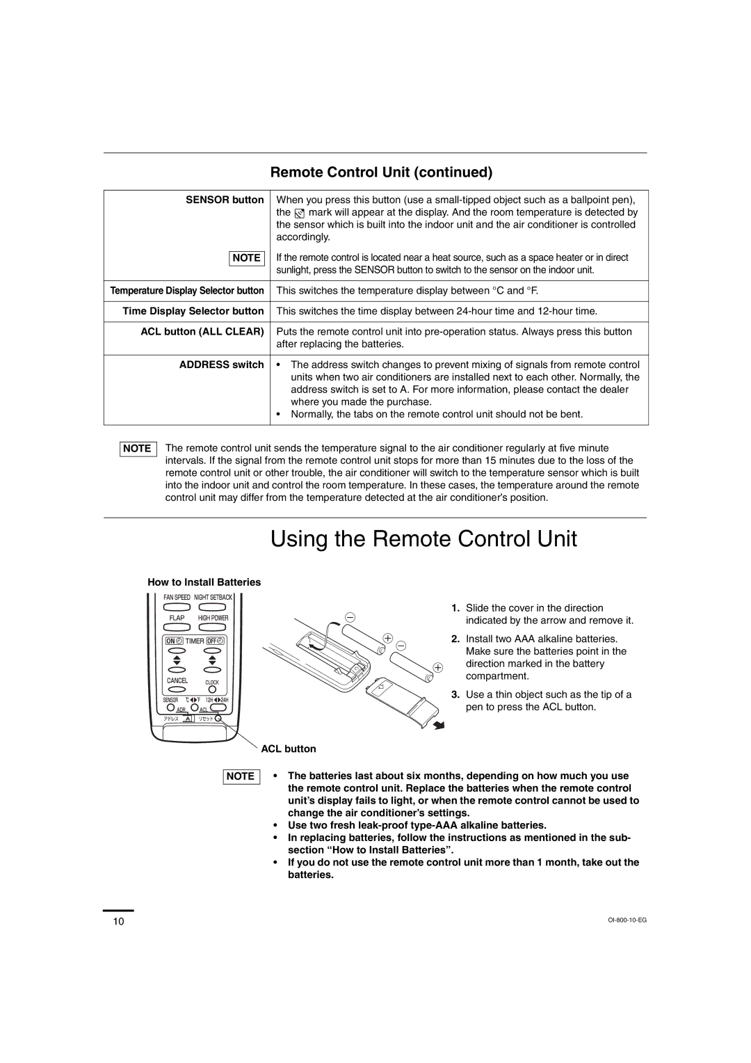 Sanyo C1872, C2472, CL2472, CL1872 Using the Remote Control Unit, ACL button ALL Clear, How to Install Batteries 