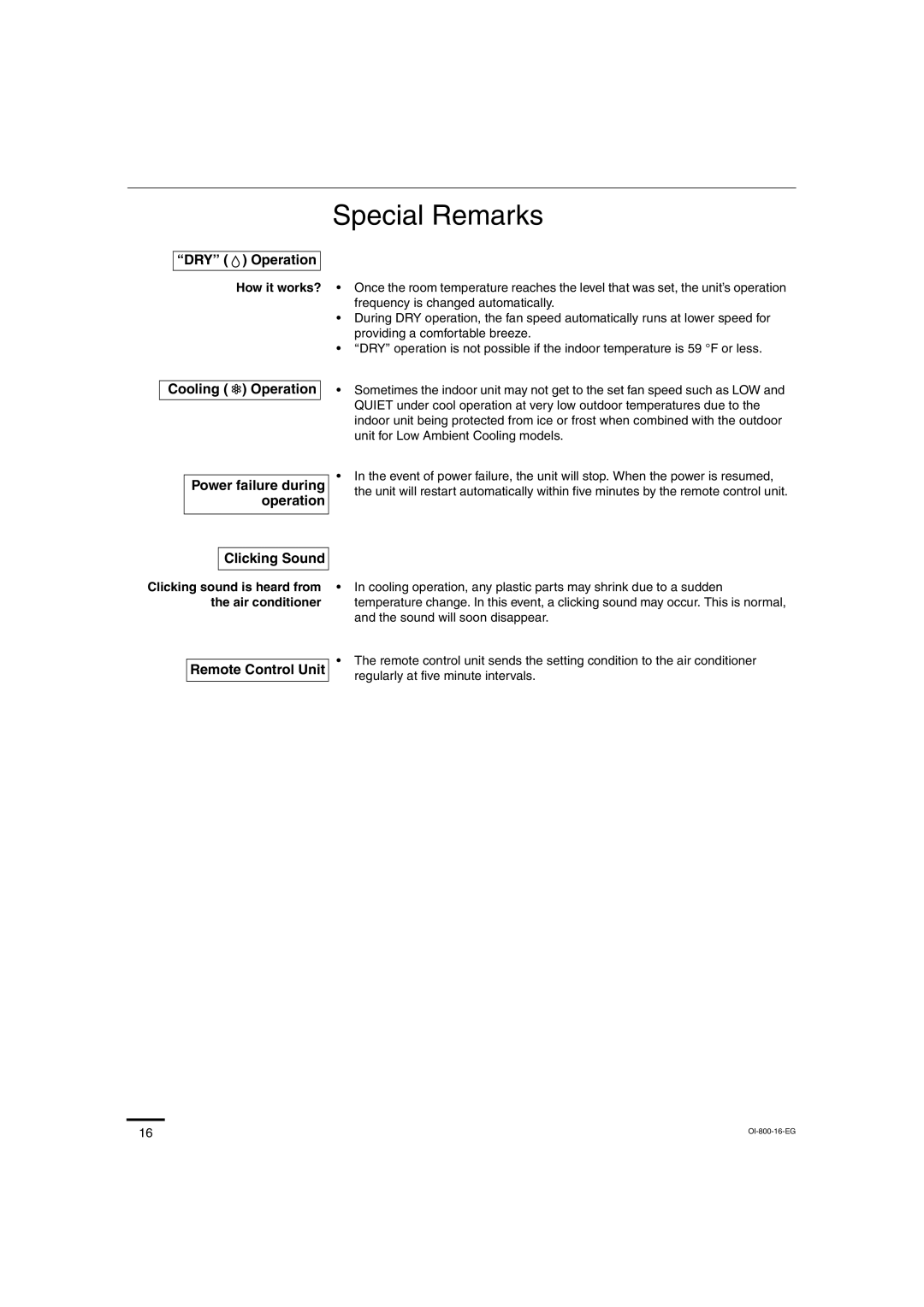 Sanyo CL1872, C2472 Special Remarks, Power failure during operation, Clicking sound is heard from the air conditioner 