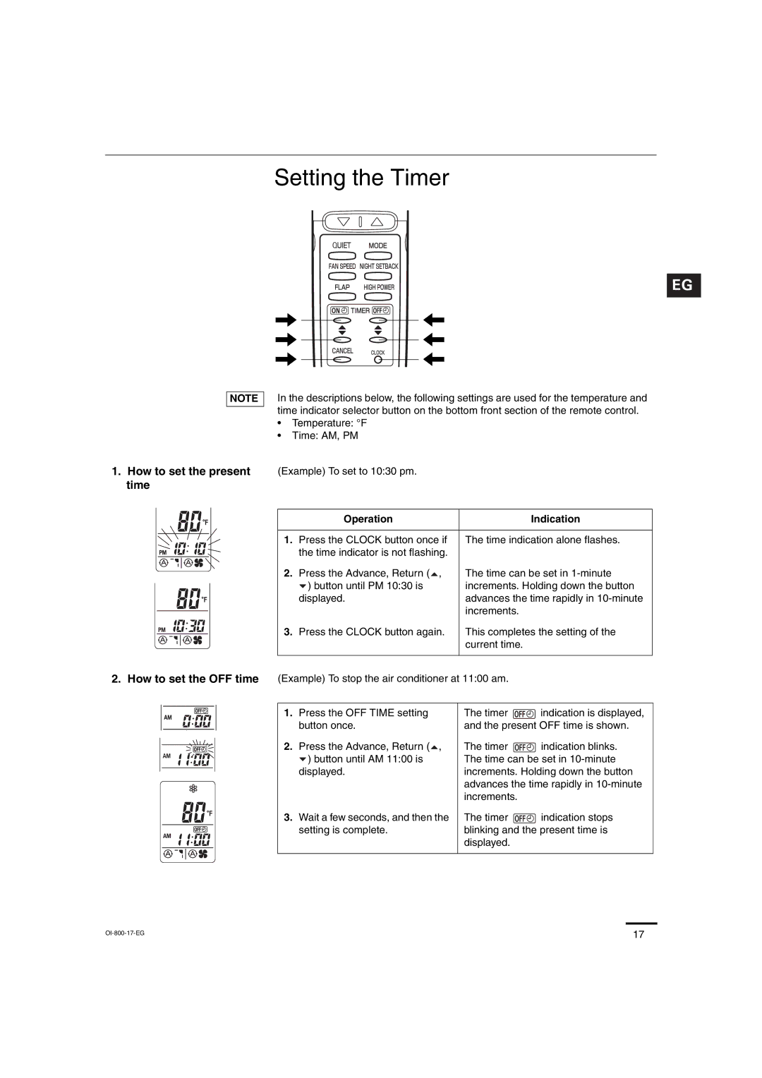 Sanyo C2472, C1872, CL2472, CL1872 service manual Setting the Timer, Operation Indication 