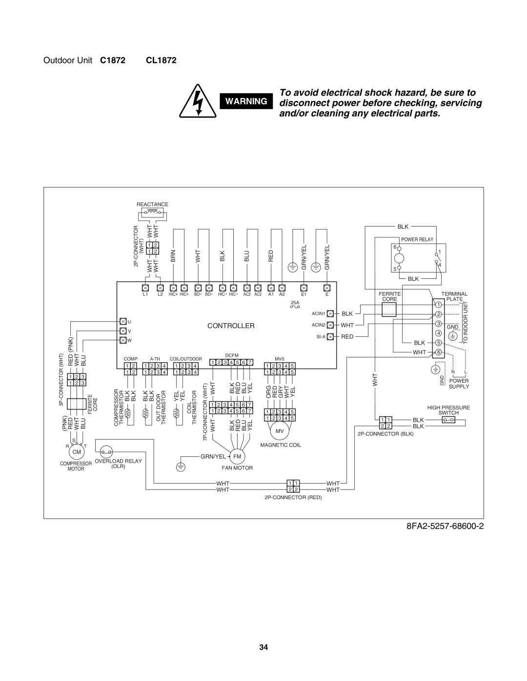 Sanyo CL2472, C2472 service manual and/or cleaning any electrical parts, Outdoor Unit C1872, CL1872, 8FA2-5257-68600-2 