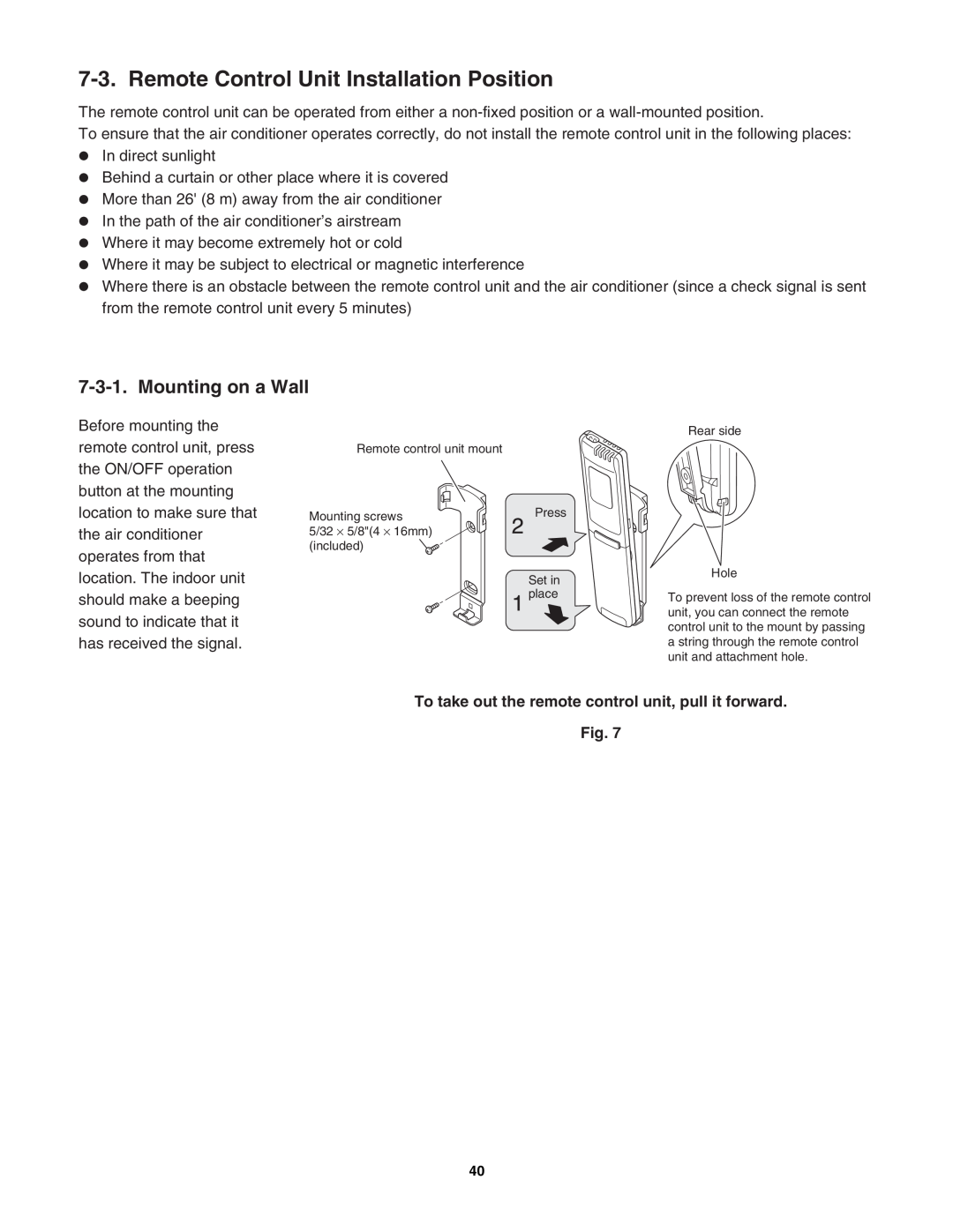 Sanyo C2472, C1872, CL2472, CL1872 service manual Remote Control Unit Installation Position, Mounting on a Wall 