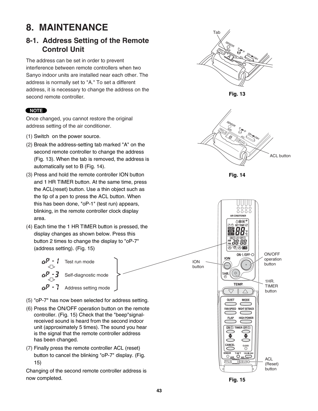 Sanyo CL1872, C2472, C1872, CL2472 service manual Maintenance, Address Setting of the Remote Control Unit 