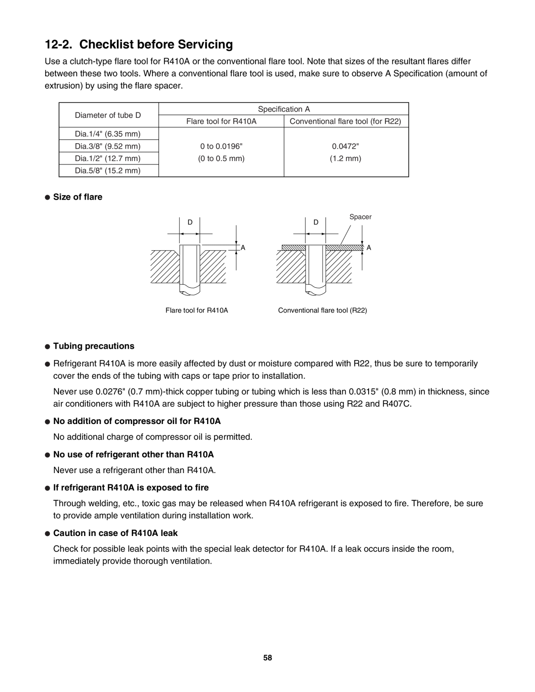Sanyo CL2472, C2472 Checklist before Servicing, Size of flare, Tubing precautions, No addition of compressor oil for R410A 