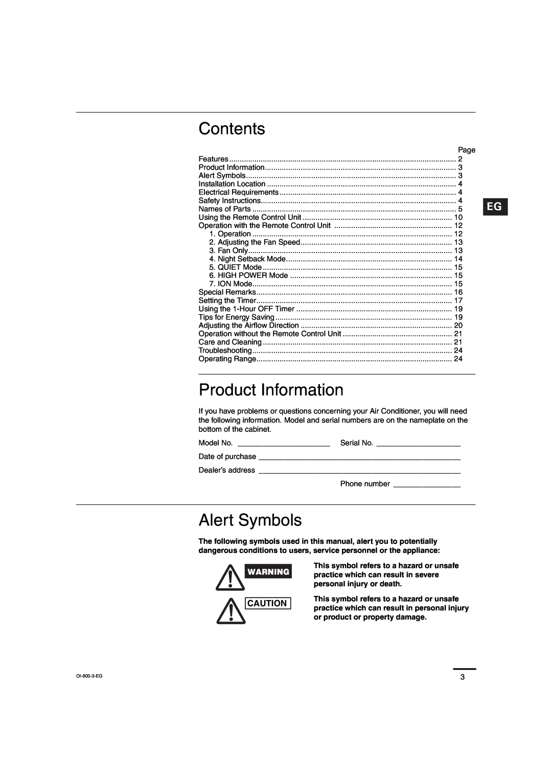 Sanyo CL2472, C2472, C1872, CL1872 service manual Contents, Product Information, Alert Symbols 