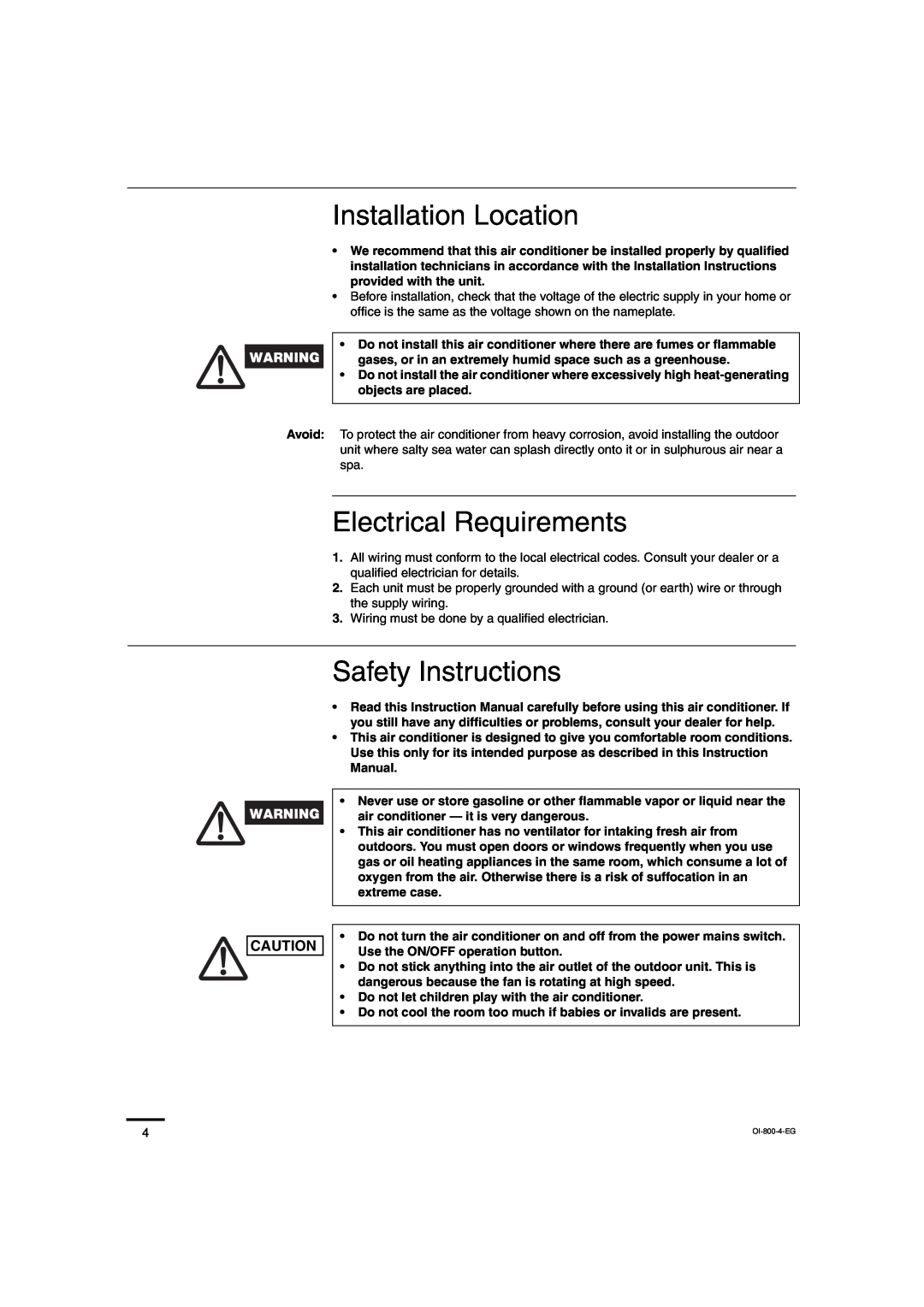 Sanyo CL1872, C2472, C1872, CL2472 service manual Installation Location, Electrical Requirements, Safety Instructions 