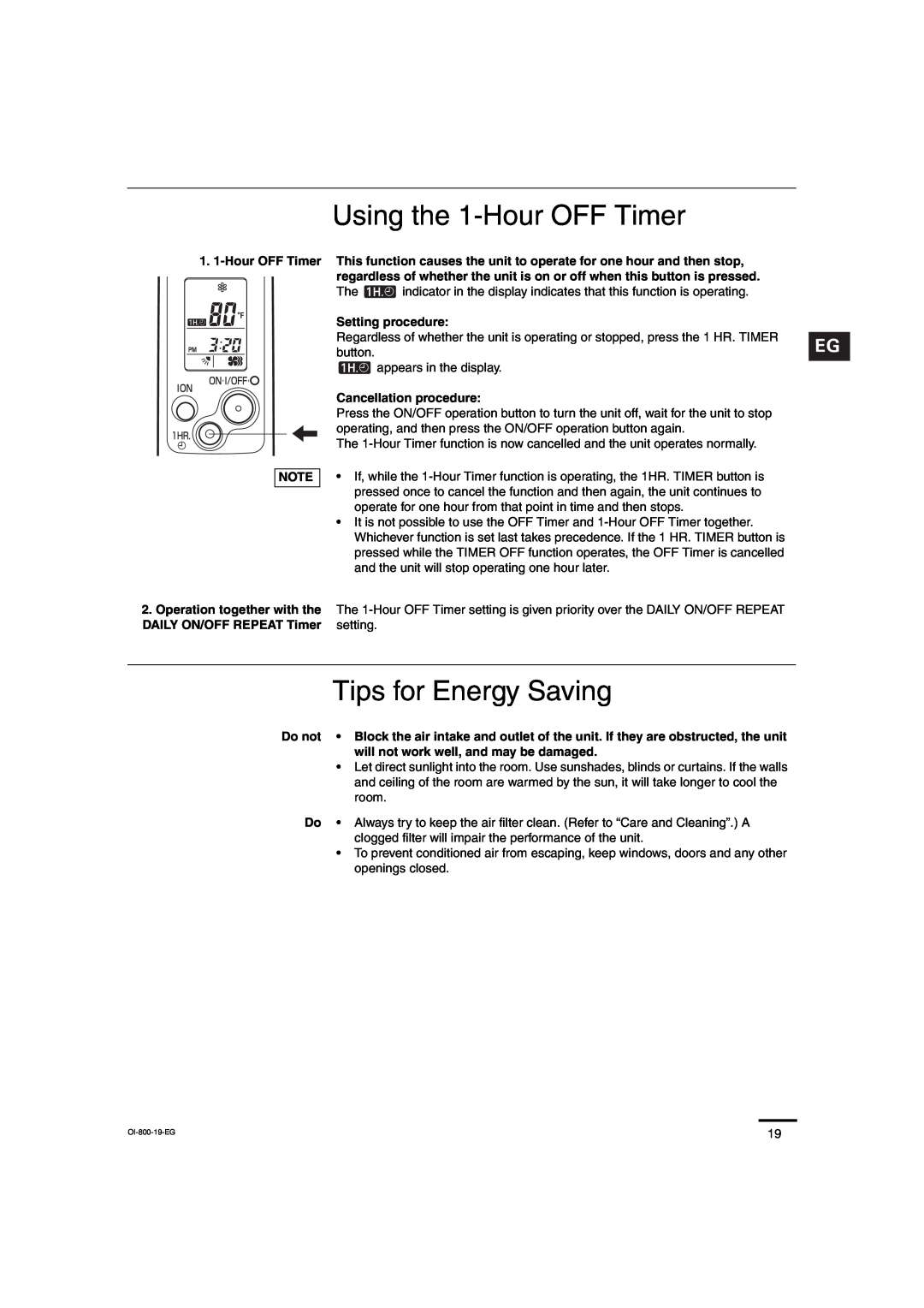 Sanyo CL2472, C2472, C1872, CL1872 service manual Using the 1-HourOFF Timer, Tips for Energy Saving 