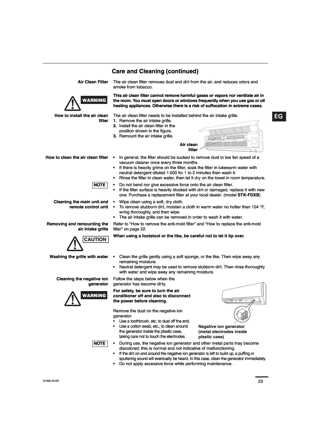 Sanyo CL2472, C2472, C1872, CL1872 service manual Care and Cleaning continued, Air Clean Filter 