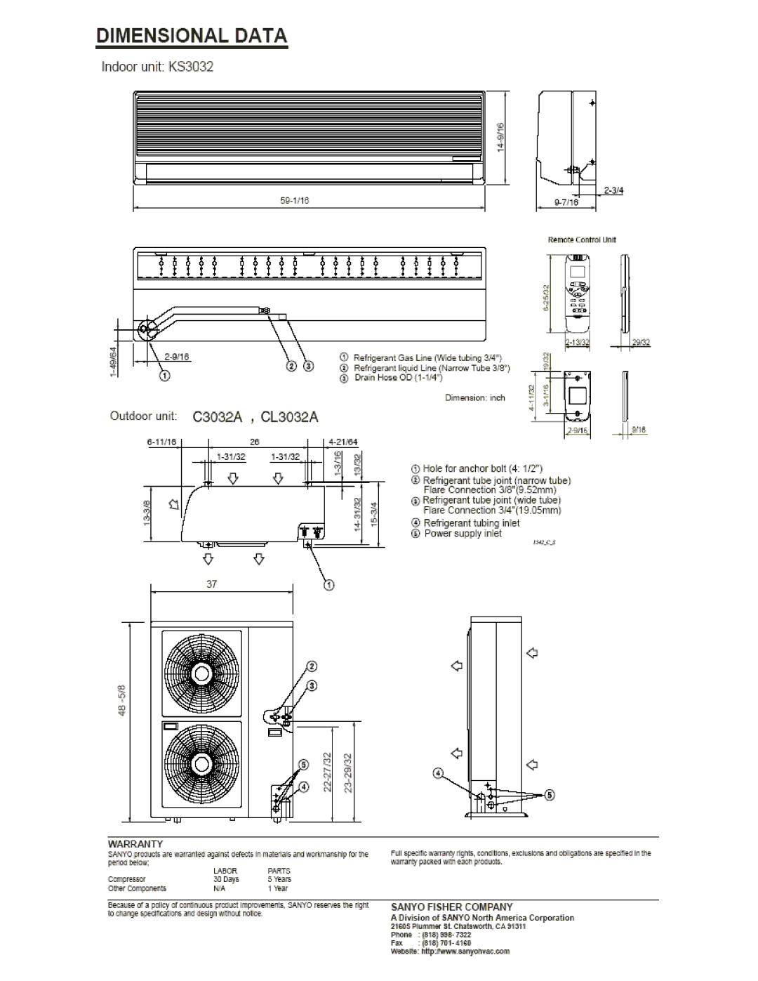 Sanyo 30KS32A, C3032A dimensions 