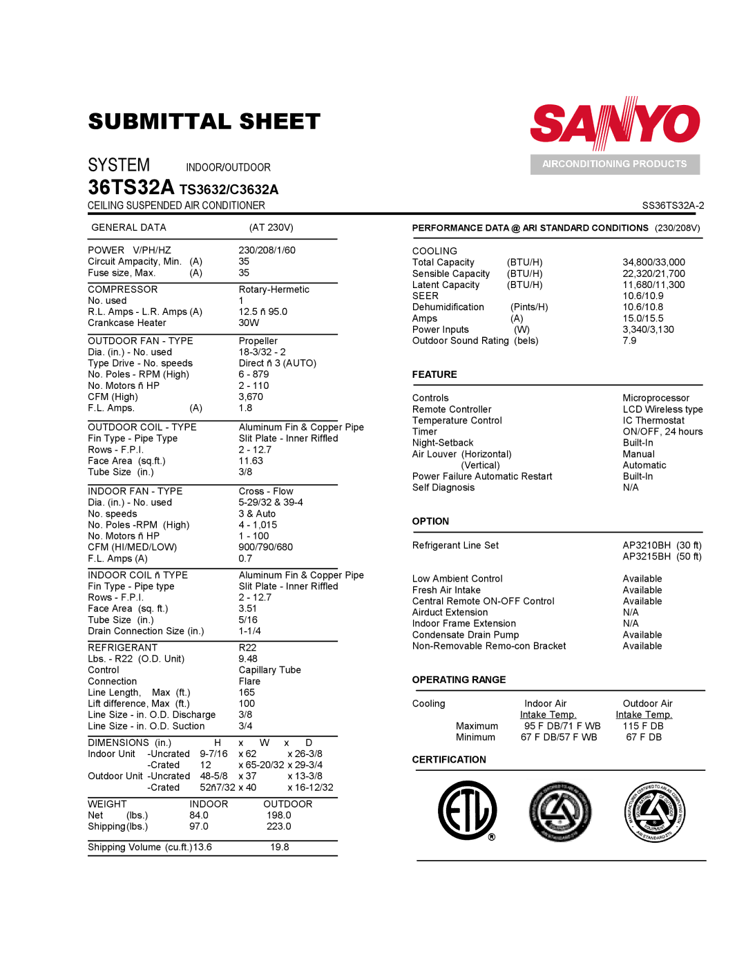 Sanyo dimensions 36TS32A TS3632/C3632A, System INDOOR/OUTDOOR, Ceiling Suspended AIR Conditioner 