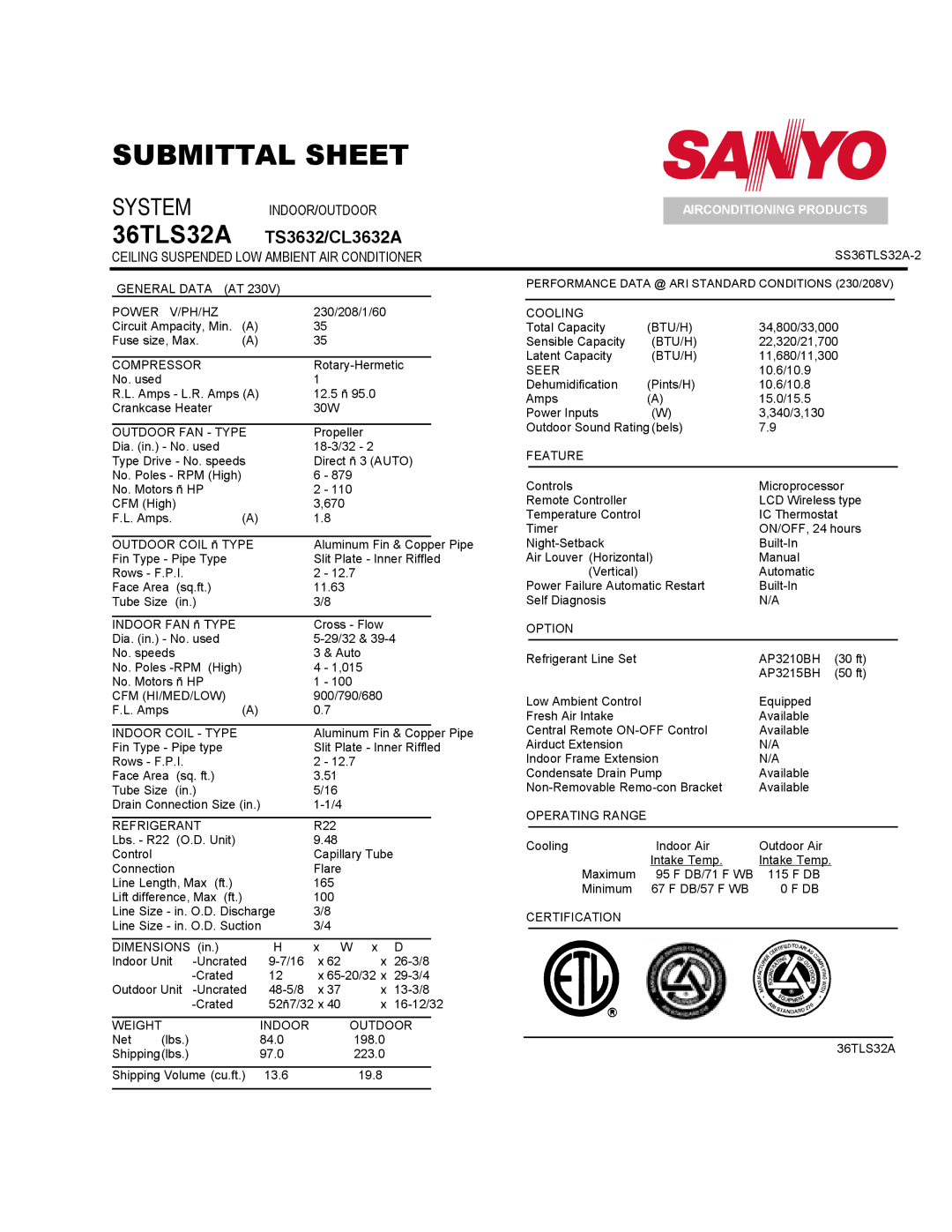 Sanyo C3632A, 36TS32A dimensions 36TLS32A TS3632/CL3632A, Ceiling Suspended LOW Ambient AIR Conditioner 