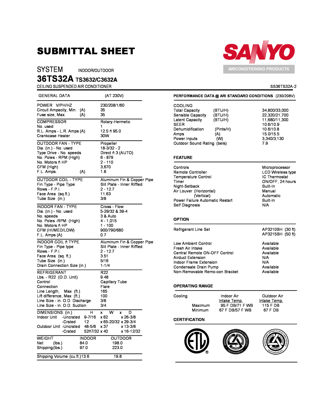 Sanyo dimensions Submittal Sheet, 36TS32A TS3632/C3632A, System Indoor/Outdoor, Ceiling Suspended Air Conditioner 