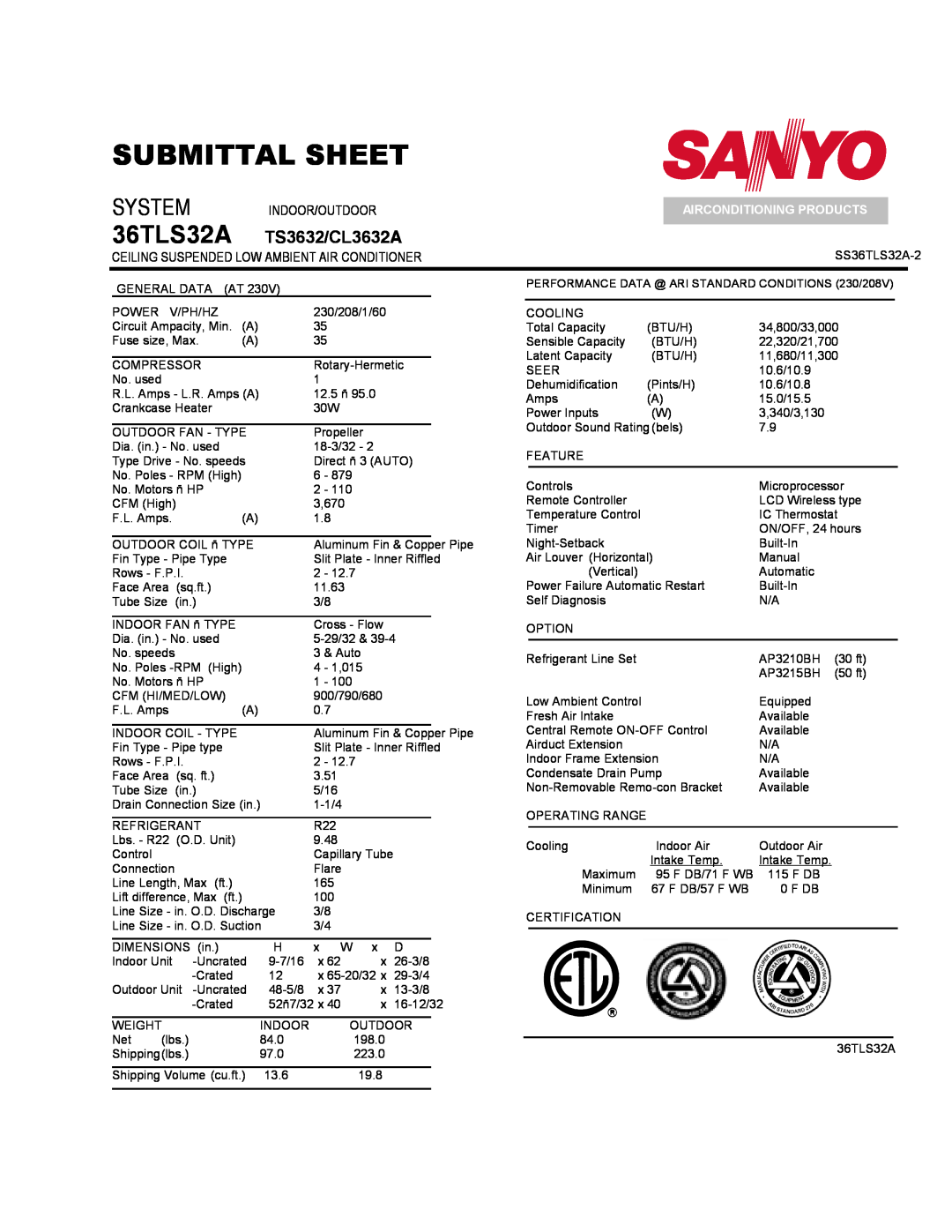 Sanyo C3632A, 36TS32A dimensions 36TLS32A TS3632/CL3632A, Ceiling Suspended Low Ambient Air Conditioner, Submittal Sheet 