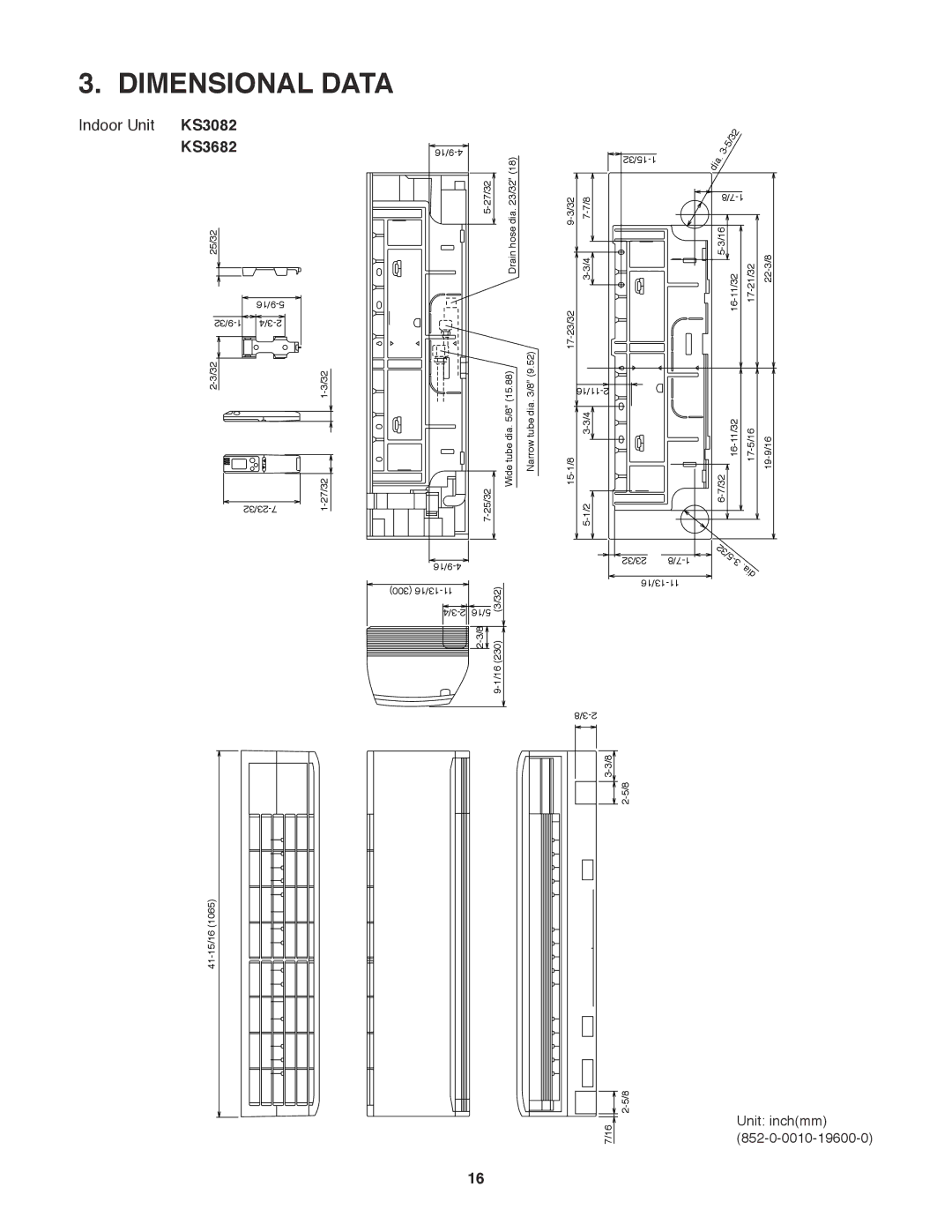 Sanyo C3682, C3082 service manual Dimensional Data, Indoor Unit KS3082 