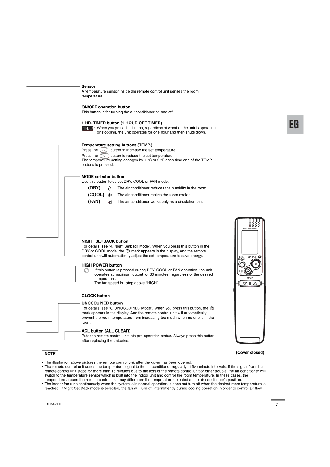 Sanyo C3682, C3082 Sensor, ON/OFF operation button, HR. Timer button 1-HOUR OFF Timer, Temperature setting buttons Temp 