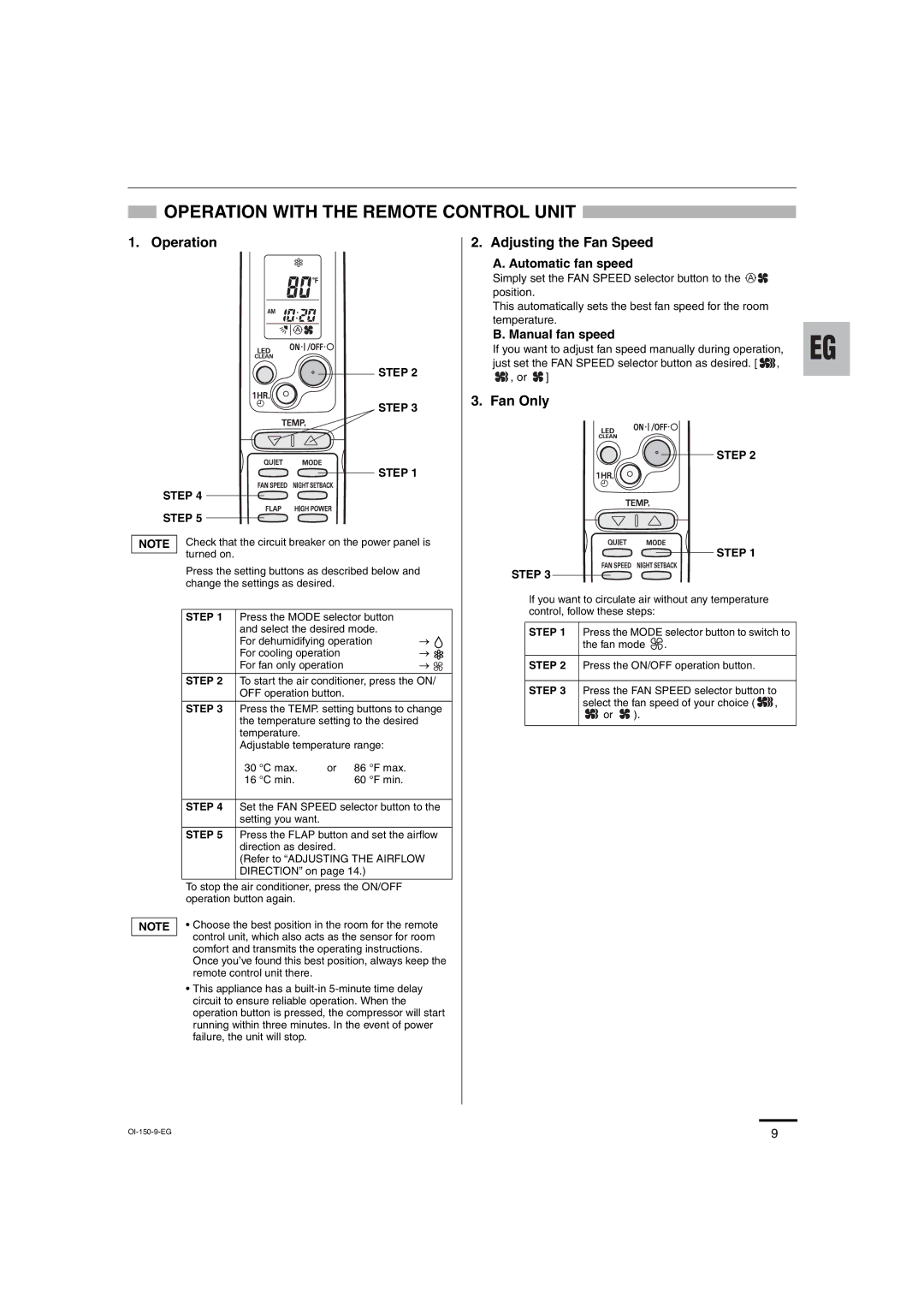 Sanyo C3682, C3082 service manual Operation with the Remote Control Unit, Automatic fan speed, Manual fan speed 