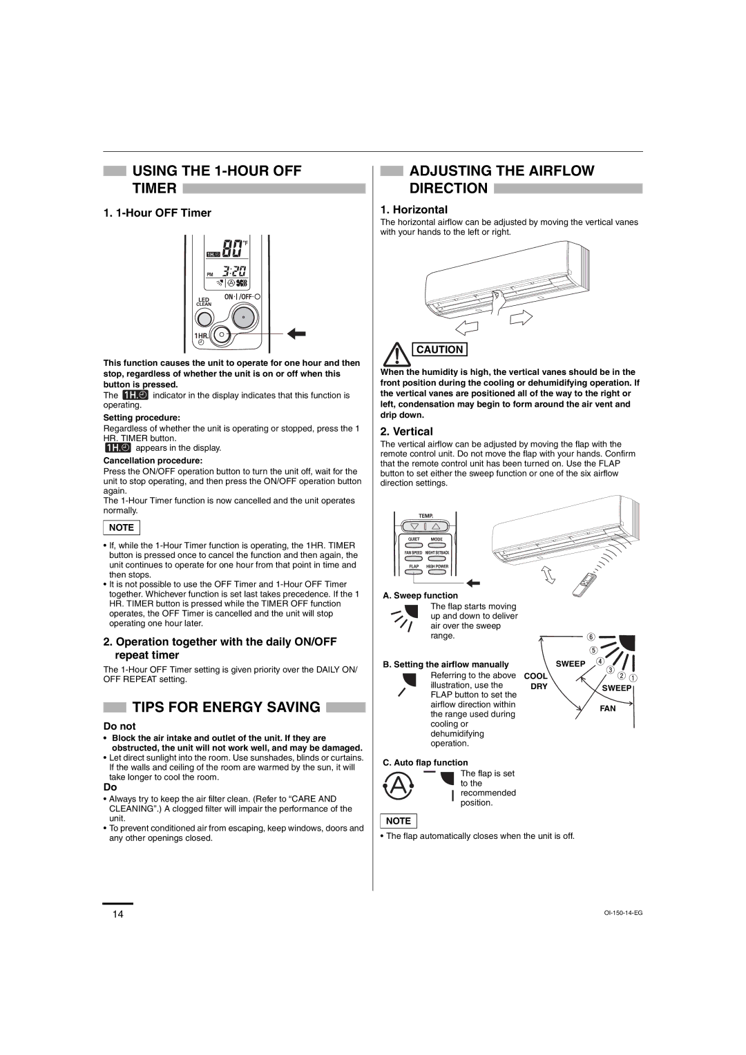 Sanyo C3082, C3682 Using the 1-HOUR OFF Timer, Tips for Energy Saving, Adjusting the Airflow Direction, Do not 