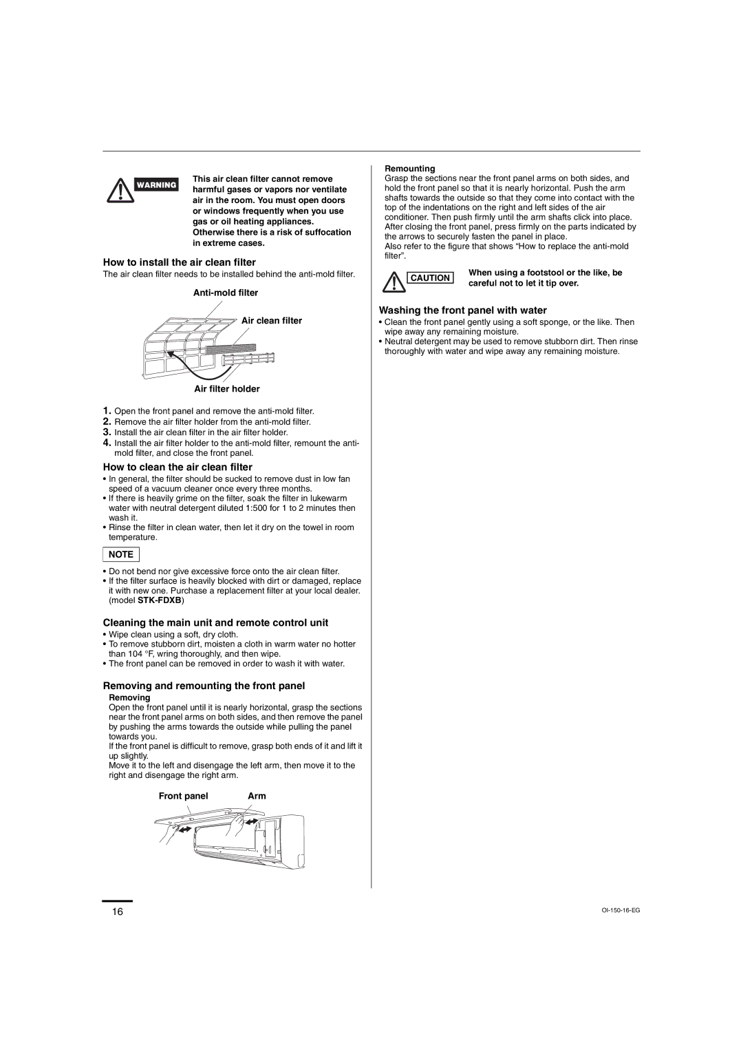 Sanyo C3082 How to install the air clean filter, How to clean the air clean filter, Washing the front panel with water 