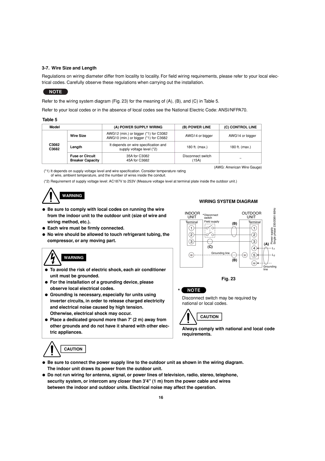 Sanyo C3082 service manual Wire Size and Length, Model, C3682, Fuse or Circuit, Breaker Capacity 