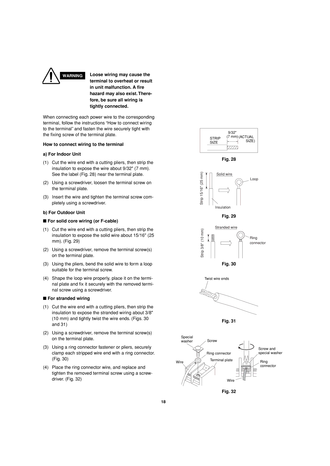 Sanyo C3082 How to connect wiring to the terminal For Indoor Unit, For Outdoor Unit For solid core wiring or F-cable 