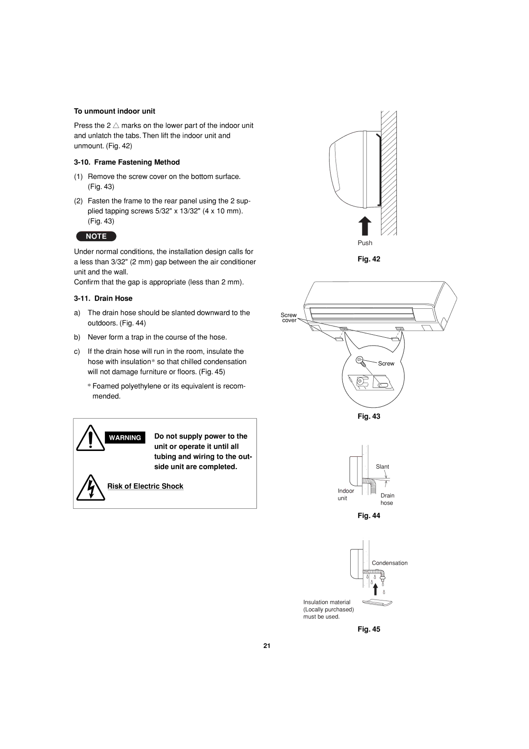 Sanyo C3682, C3082 To unmount indoor unit, Frame Fastening Method, Do not supply power to, Unit or operate it until all 