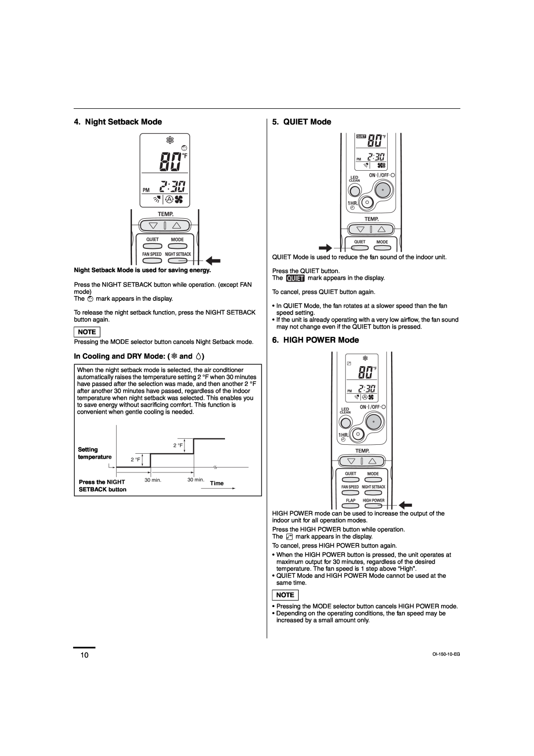 Sanyo C3082, C3682 service manual Night Setback Mode, QUIET Mode, HIGH POWER Mode, In Cooling and DRY Mode and 
