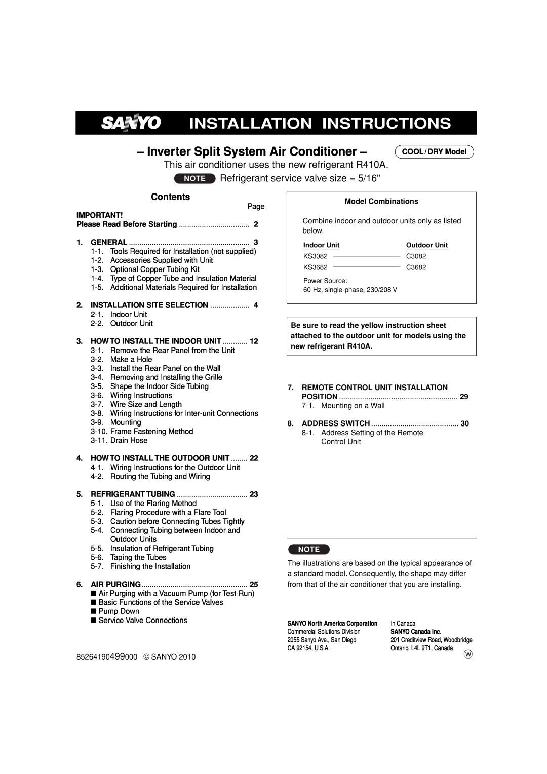 Sanyo C3682 Installation Instructions, Inverter Split System Air Conditioner, Contents, COOL/DRY Model, Model Combinations 