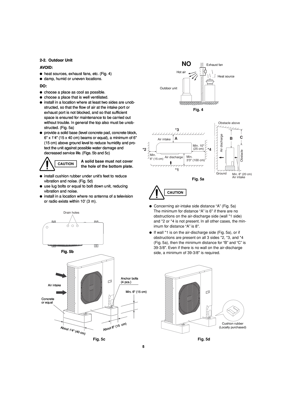 Sanyo C3682, C3082 service manual Outdoor Unit AVOID, A solid base must not cover the hole of the bottom plate 
