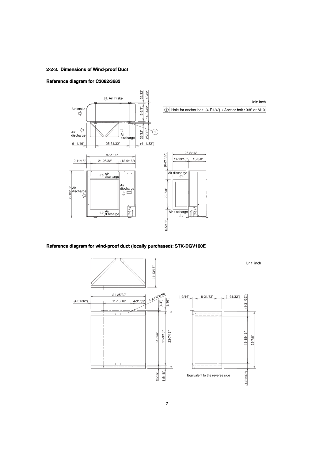 Sanyo C3682 service manual Dimensions of Wind-proof Duct Reference diagram for C3082/3682, Unit inch 