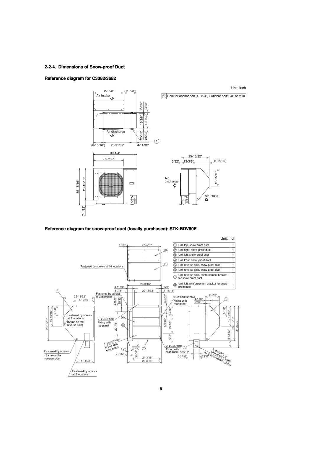 Sanyo C3682 service manual Dimensions of Snow-proof Duct Reference diagram for C3082/3682, 27/32-4 25/32 