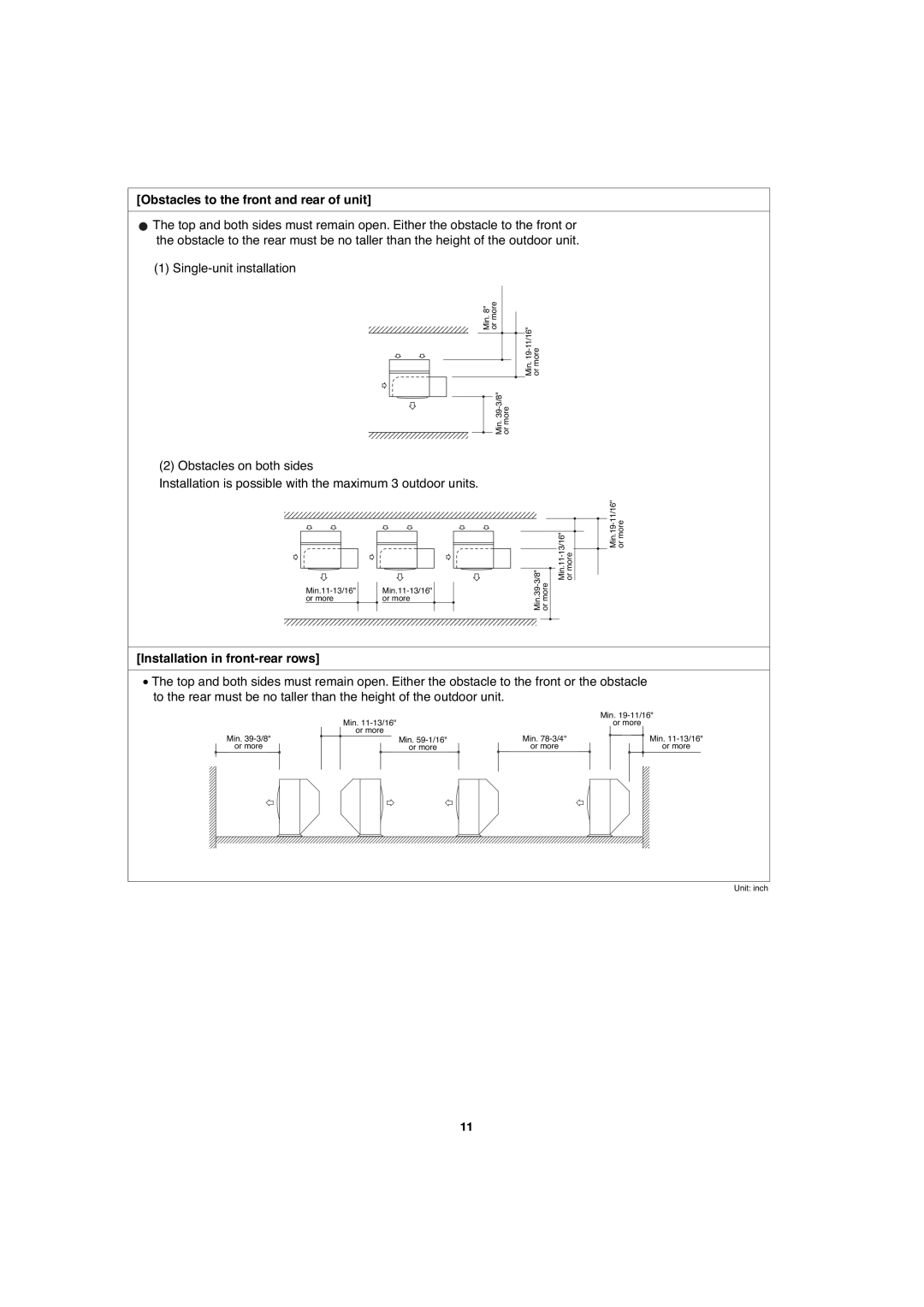 Sanyo C3682 Obstacles to the front and rear of unit, Installation in front-rear rows, Min. 8 or more, Min. 39-3/8 or more 