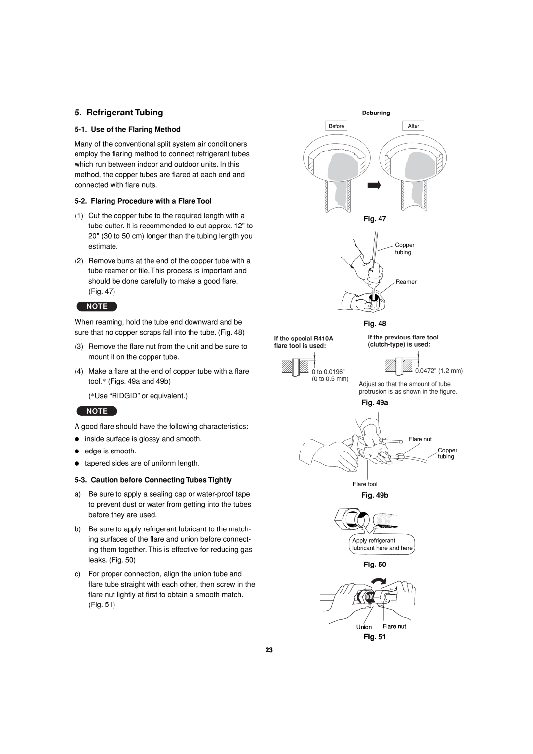 Sanyo C3682, C3082 service manual Refrigerant Tubing, Use of the Flaring Method, Flaring Procedure with a Flare Tool 