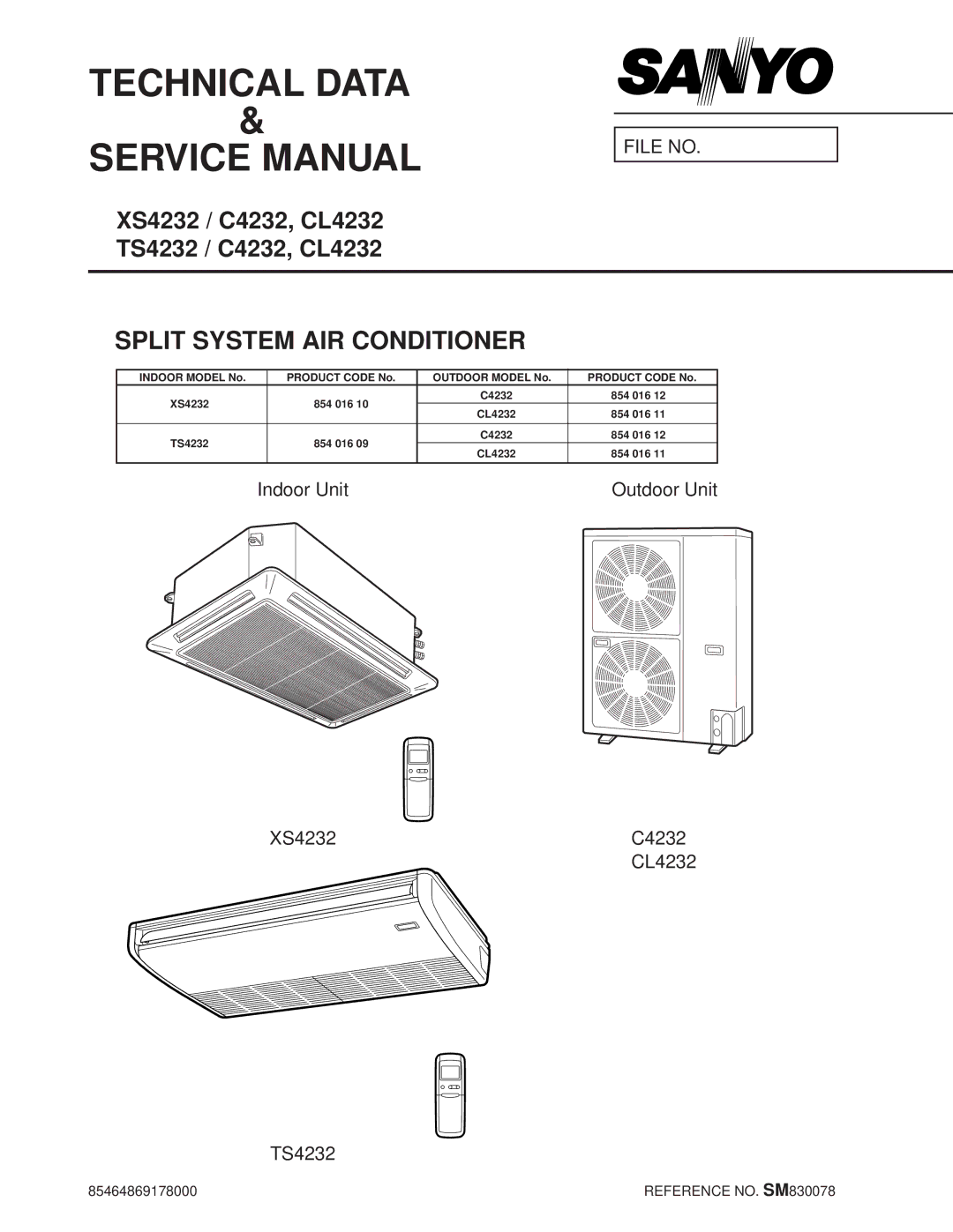 Sanyo CL4232 service manual Indoor Unit Outdoor Unit, XS4232 C4232, TS4232 