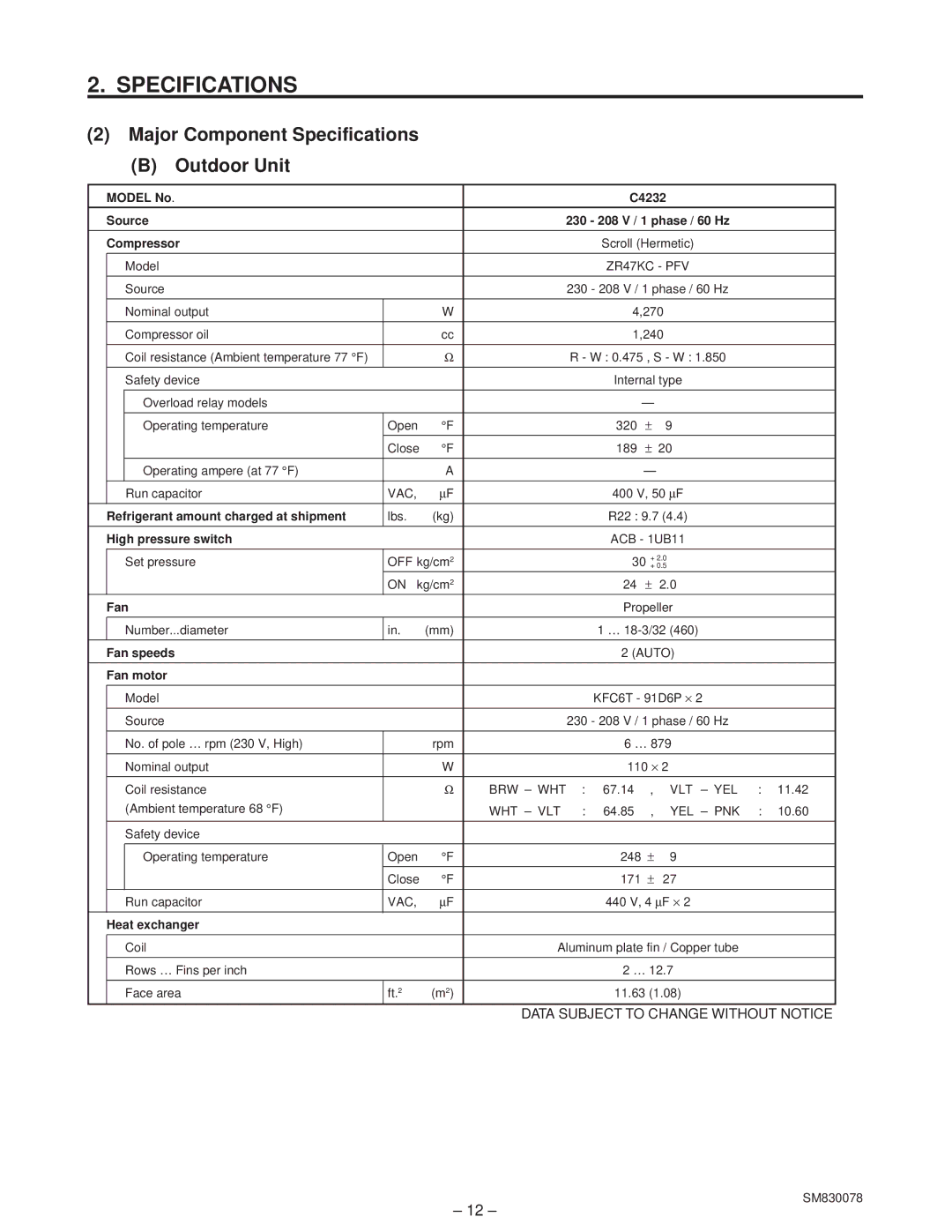 Sanyo C4232, CL4232 service manual Major Component Specifications Outdoor Unit 