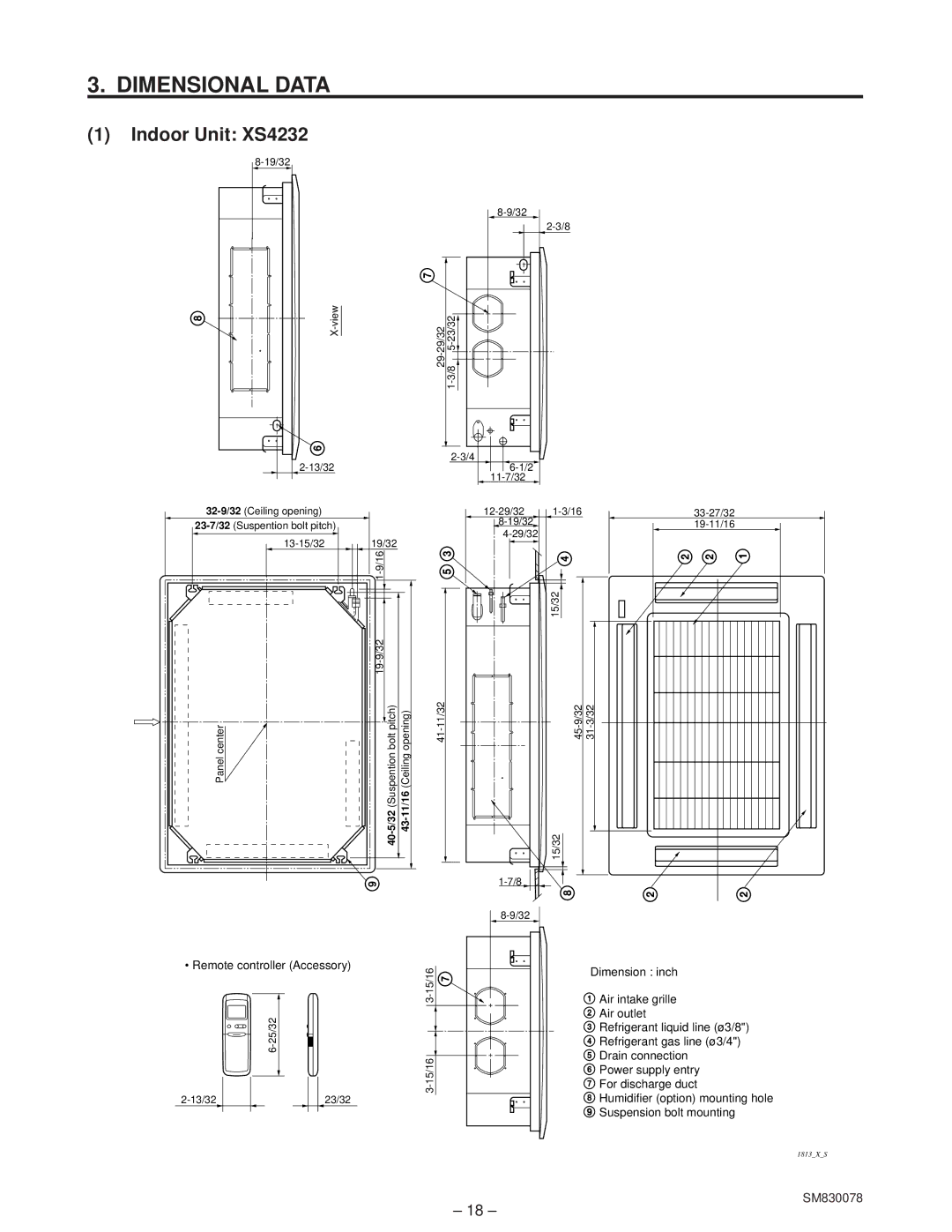 Sanyo C4232, CL4232 service manual Dimensional Data, Indoor Unit XS4232 