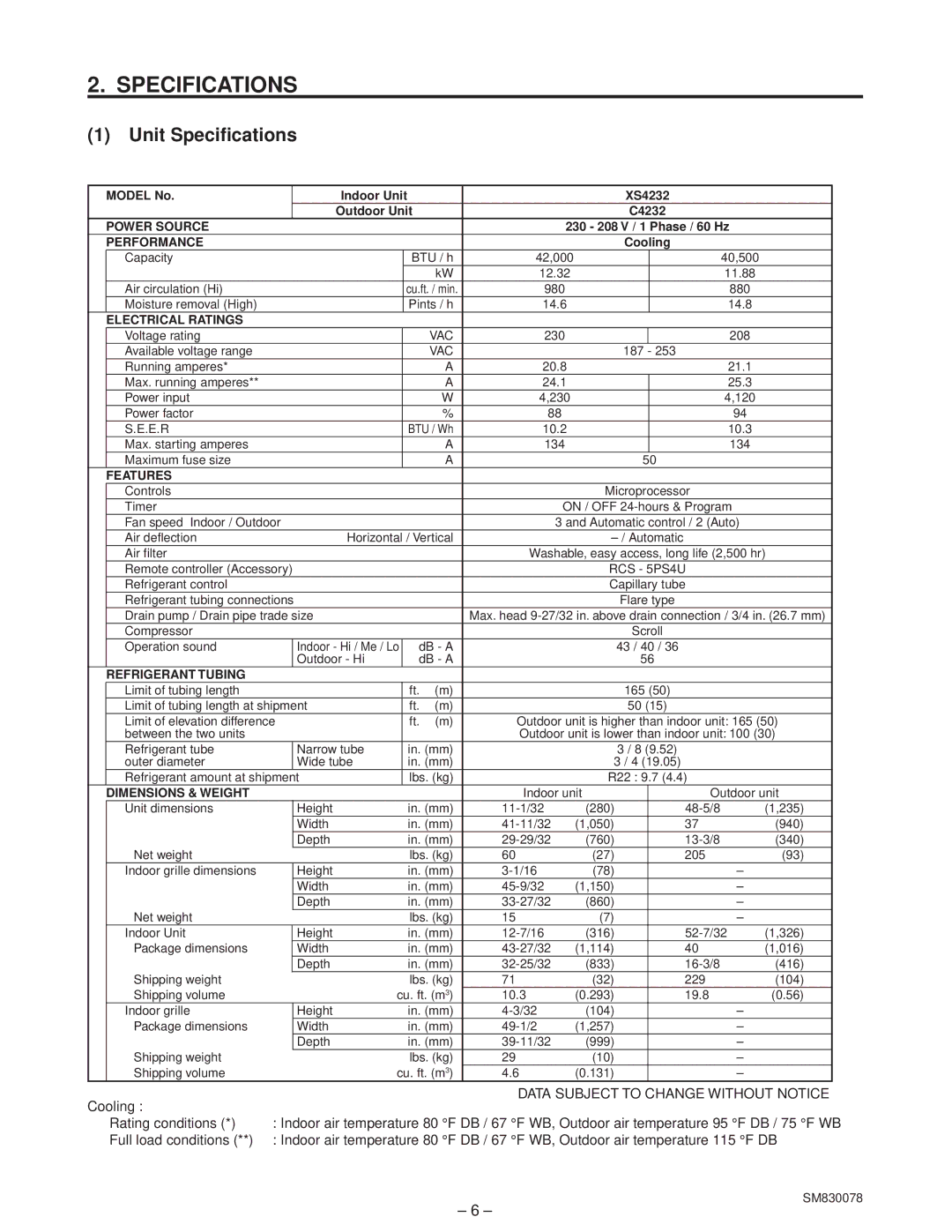 Sanyo CL4232 service manual Unit Specifications, Model No Indoor Unit XS4232 Outdoor Unit C4232 