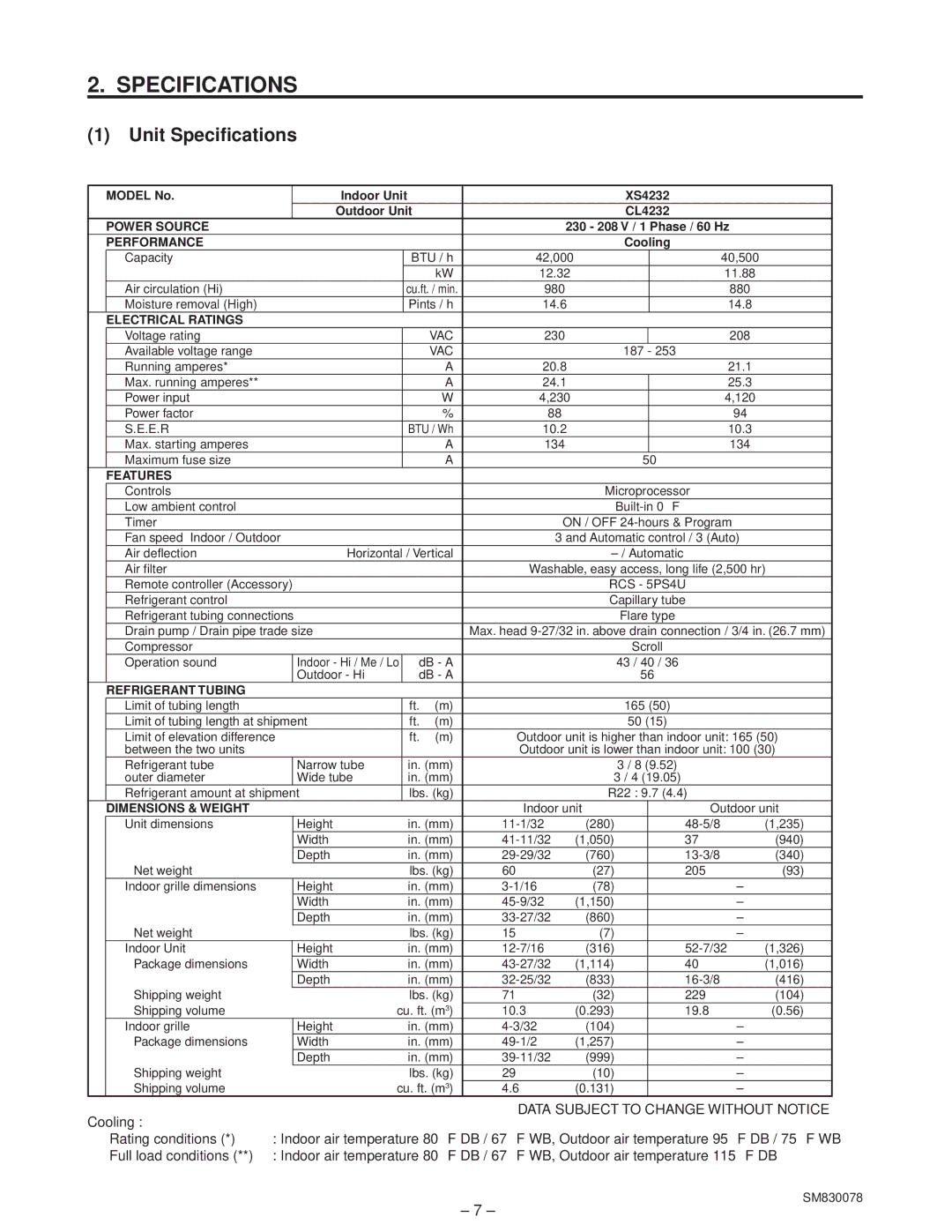 Sanyo CL4232, C4232 service manual Model No Indoor Unit XS4232 Outdoor Unit 