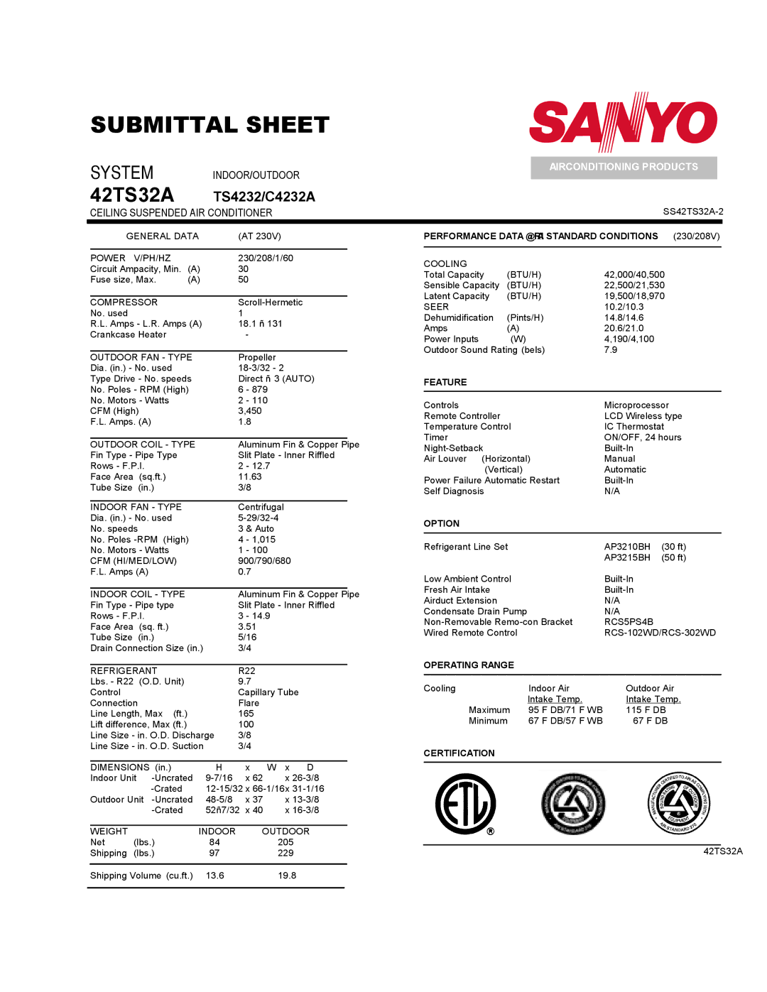 Sanyo 42TS32A, C4232A dimensions Feature, Option, Operating Range, Certification 