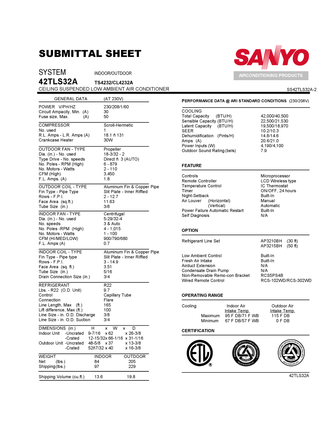 Sanyo C4232A General Data Power PH/HZ, Compressor, Outdoor FAN Type, Outdoor Coil Type, Indoor FAN Type, Cfm Hi/Med/Low 