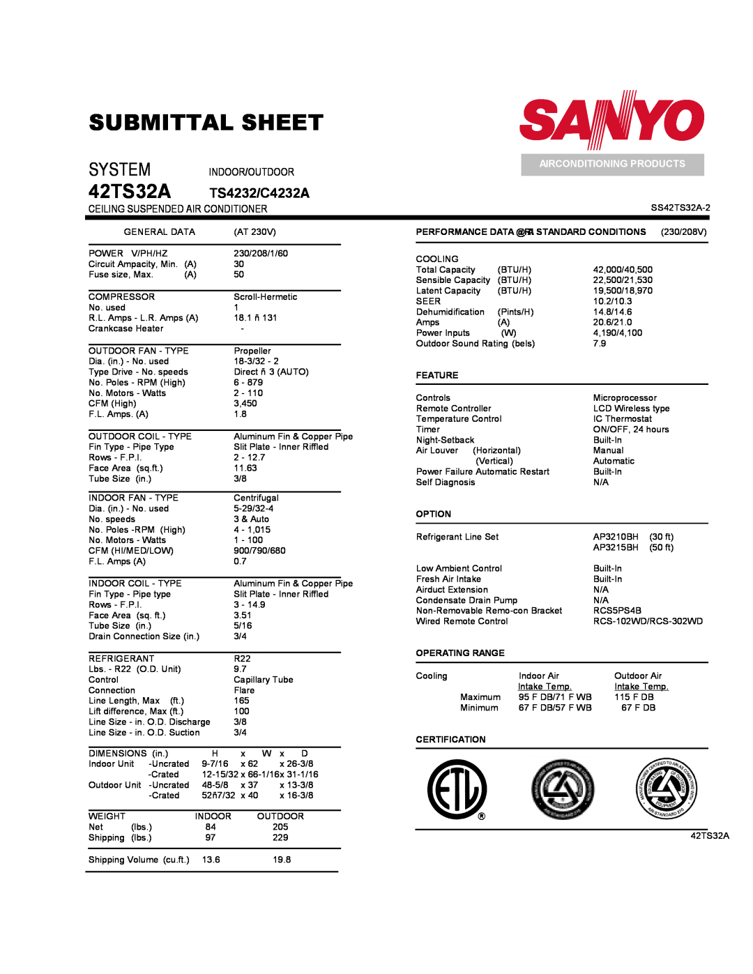 Sanyo 42TS32A dimensions Submittal Sheet, System, Indoor/Outdoor, Ceiling Suspended Air Conditioner, TS4232/C4232A, Option 