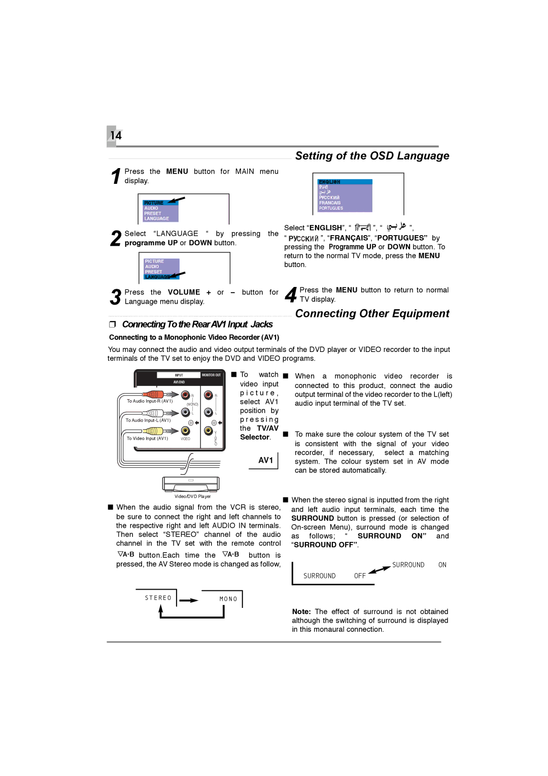 Sanyo CP21KS2K, CA21YS2S, CP21XS2S, CP21SF1, CP21YS2S, CA21SF1, CA21KS2 Setting of the OSD Language, Connecting Other Equipment 