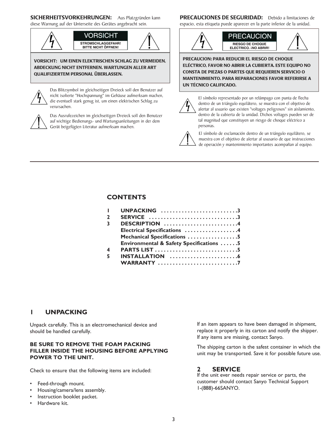 Sanyo Camera Lens instruction manual Contents, Unpacking, Service 