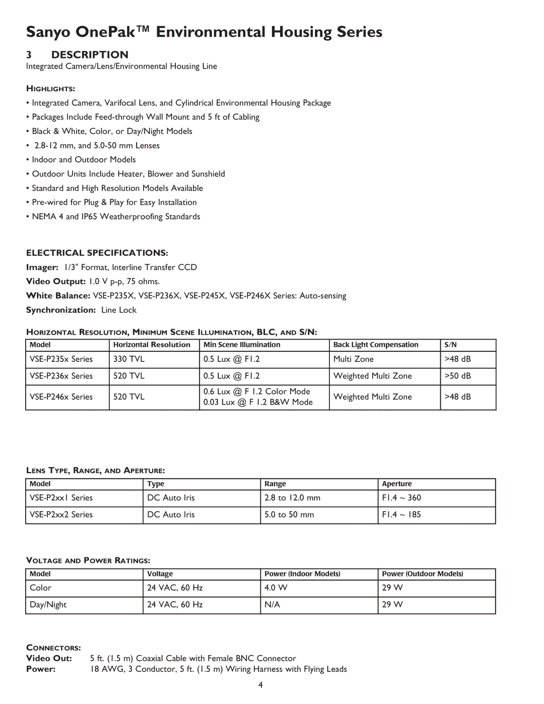 Sanyo Camera Lens instruction manual Description, Electrical Specifications, Synchronization Line Lock, Video Out, Power 