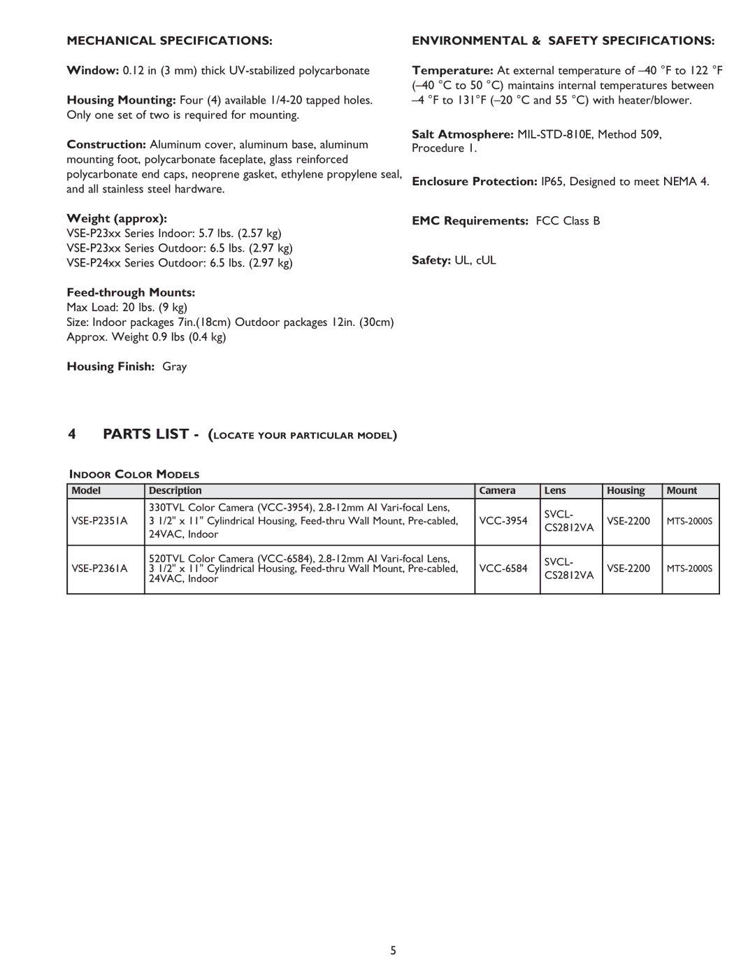 Sanyo Camera Lens instruction manual Mechanical Specifications, Environmental & Safety Specifications 